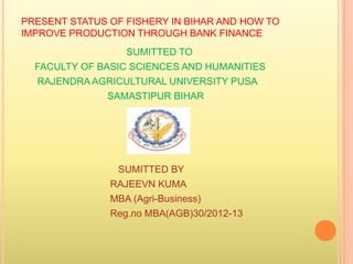 PRESENT STATUS OF FISHERY IN BIHAR AND HOW TO
IMPROVE PRODUCTION THROUGH BANK FINANCE
SUMITTED TO
FACULTY OF BASIC SCIENCES AND HUMANITIES
RAJENDRA AGRICULTURAL UNIVERSITY PUSA
SAMASTIPUR BIHAR
SUMITTED BY
RAJEEVN KUMA
MBA (Agri-Business)
Reg.no MBA(AGB)30/2012-13
 