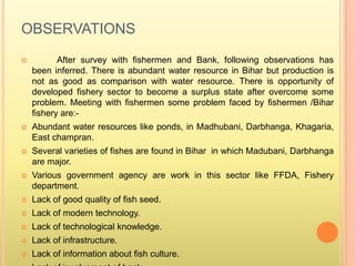 OBSERVATIONS
 After survey with fishermen and Bank, following observations has
been inferred. There is abundant water resource in Bihar but production is
not as good as comparison with water resource. There is opportunity of
developed fishery sector to become a surplus state after overcome some
problem. Meeting with fishermen some problem faced by fishermen /Bihar
fishery are:-
 Abundant water resources like ponds, in Madhubani, Darbhanga, Khagaria,
East champran.
 Several varieties of fishes are found in Bihar in which Madubani, Darbhanga
are major.
 Various government agency are work in this sector like FFDA, Fishery
department.
 Lack of good quality of fish seed.
 Lack of modern technology.
 Lack of technological knowledge.
 Lack of infrastructure.
 Lack of information about fish culture.
 