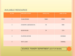 AVILIABLE RESOURCE
SI. NO SPECIFICATION TOTAL NO. AREA IN Ha
1 TANK/PONDS 70000 69000
2 OX-BOW LAKES(MAUN) 48 9000
3 RESIVIOURS 29 7276
4 FLOWING RIVER 32OOKM
5 WET LAND 100000ha
SOURCE- FISHERY DEPARTMENT (GOVT.OF BIHAR)
 