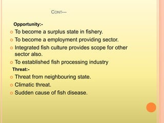 CONT---
Opportunity:-
 To become a surplus state in fishery.
 To become a employment providing sector.
 Integrated fish culture provides scope for other
sector also.
 To established fish processing industry
Threat:-
 Threat from neighbouring state.
 Climatic threat.
 Sudden cause of fish disease.
 