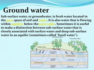 Sub-surface water, or groundwater, is fresh water located in
the pore space of soil and rocks. It is also water that is flowing
within aquifers below thewater table. Sometimes it is useful
to make a distinction between sub-surface water that is
closely associated with surface water and deep sub-surface
water in an aquifer (sometimes called "fossil water").
 