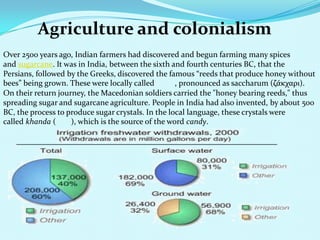 Agriculture and colonialism
Over 2500 years ago, Indian farmers had discovered and begun farming many spices
and sugarcane. It was in India, between the sixth and fourth centuries BC, that the
Persians, followed by the Greeks, discovered the famous “reeds that produce honey without
bees” being grown. These were locally called , pronounced as saccharum (ζάκχαρι).
On their return journey, the Macedonian soldiers carried the "honey bearing reeds," thus
spreading sugar and sugarcane agriculture. People in India had also invented, by about 500
BC, the process to produce sugar crystals. In the local language, these crystals were
called khanda ( ), which is the source of the word candy.
 