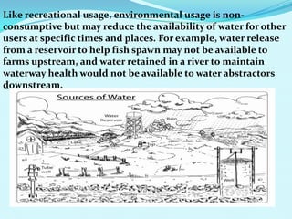 Like recreational usage, environmental usage is non-
consumptive but may reduce the availability of water for other
users at specific times and places. For example, water release
from a reservoir to help fish spawn may not be available to
farms upstream, and water retained in a river to maintain
waterway health would not be available to water abstractors
downstream.
 