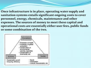 Once infrastructure is in place, operating water supply and
sanitation systems entails significant ongoing costs to cover
personnel, energy, chemicals, maintenance and other
expenses. The sources of money to meet these capital and
operational costs are essentially either user fees, public funds
or some combination of the two.
 