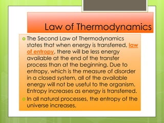 Law of Thermodynamics
 The Second Law of Thermodynamics
states that when energy is transferred, law
of entropy, there will be less energy
available at the end of the transfer
process than at the beginning. Due to
entropy, which is the measure of disorder
in a closed system, all of the available
energy will not be useful to the organism.
Entropy increases as energy is transferred.
 In all natural processes, the entropy of the
universe increases.
 