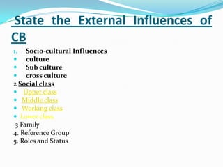 State the External Influences of
CB
1. Socio-cultural Influences
 culture
 Sub culture
 cross culture
2 Social class
 Upper class
 Middle class
 Working class
 Lower class.
3 Family
4. Reference Group
5. Roles and Status
 