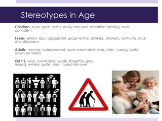 Stereotypes in Age
Children- loud, spoilt, brats, easily amused, attention seeking, over
confident.
Teens- selfish, lazy, aggogrant, judgmental, drinkers, smokers, tantrums, lack
of enthusiasm.
Adults- mature, independent, work orientated, wise, stern, caring, looks
down on teens.
OAP’S- wise, vulnerable, weak, forgetful, grey
haired, wrinkly, quite, short, hunched over
 