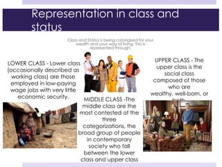 Representation in class and
status
Class and Status is being catorigised for your
wealth and your way of living. This is
represented through:
MIDDLE CLASS -The
middle class are the
most contested of the
three
categorizations, the
broad group of people
in contemporary
society who fall
between the lower
class and upper class
UPPER CLASS - The
upper class is the
social class
composed of those
who are
wealthy, well-born, or
both.
LOWER CLASS - Lower class
(occasionally described as
working class) are those
employed in low-paying
wage jobs with very little
economic security.
 