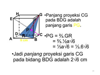 13
A B
CD
H
E F
G •Panjang proyeksi CG
pada BDG adalah
panjang garis PG.
•PG = ⅔.GR
= ⅔.½a√6
= ⅓a√6 = ⅓.6√6
P
R
•Jadi panjang proyeksi garis CG
pada bidang BDG adalah 2√6 cm
6 cm
 