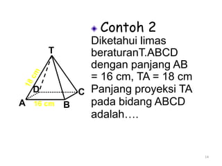 14
Contoh 2
Diketahui limas
beraturanT.ABCD
dengan panjang AB
= 16 cm, TA = 18 cm
Panjang proyeksi TA
pada bidang ABCD
adalah….
T
A
D C
B16 cm
 