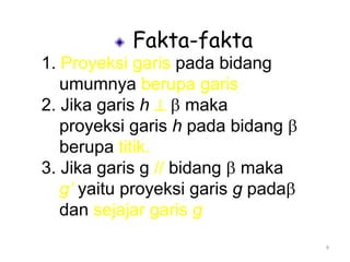 9
Fakta-fakta
1. Proyeksi garis pada bidang
umumnya berupa garis
2. Jika garis h maka
proyeksi garis h pada bidang
berupa titik.
3. Jika garis g // bidang maka
g’ yaitu proyeksi garis g pada
dan sejajar garis g
 