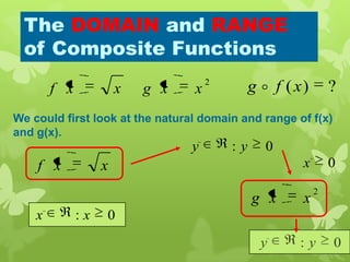 0: yy
0: xx
The DOMAIN and RANGE
of Composite Functions
We could first look at the natural domain and range of f(x)
and g(x).
2
xxgxxf
xxf
?)(xfg 
0: yy
2
xxg
0x
 