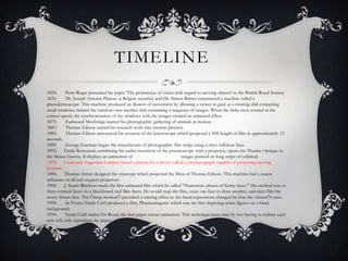 TIMELINE
1824: Peter Roget presented his paper 'The persistence of vision with regard to moving objects' to the British Royal Society.
1831: Dr. Joseph Antoine Plateau (a Belgian scientist) and Dr. Simon Rittrer constructed a machine called a
phenakitstoscope. This machine produced an illusion of movement by allowing a viewer to gaze at a rotating disk containing
small windows; behind the windows was another disk containing a sequence of images. When the disks were rotated at the
correct speed, the synchronization of the windows with the images created an animated effect.
1872: Eadweard Muybridge started his photographic gathering of animals in motion.
1887: Thomas Edison started his research work into motion pictures.
1889: Thomas Edison announced his creation of the kinetoscope which projected a 50ft length of film in approximately 13
seconds.
1889: George Eastman began the manufacture of photographic film strips using a nitro-cellulose base.
1892: Emile Renynaud, combining his earlier invention of the praxinoscope with a projector, opens the Theatre Optique in
the Musee Grevin. It displays an animation of images painted on long strips of celluloid.
1895: Louis and Augustine Lumiere issued a patent for a device called a cinematograph capable of projecting moving
pictures.
1896: Thomas Armat designed the vitascope which projected the films of Thomas Edison. This machine had a major
influence on all sub-sequent projectors.
1906: J. Stuart Blackton made the first animated film which he called "Humorous phases of funny faces." His method was to
draw comical faces on a blackboard and film them. He would stop the film, erase one face to draw another, and then film the
newly drawn face. The Ôstop-motionÕ provided a starting effect as the facial expressions changed be fore the viewerÕs eyes.
1908: In France Emile Cohl produced a film, Phantasmagorie which was the first depicting white figures on a black
background.
1910: Emile Cohl makes En Route the first paper cutout animation. This technique saves time by not having to redraw each
new cell, only reposition the paper.
 