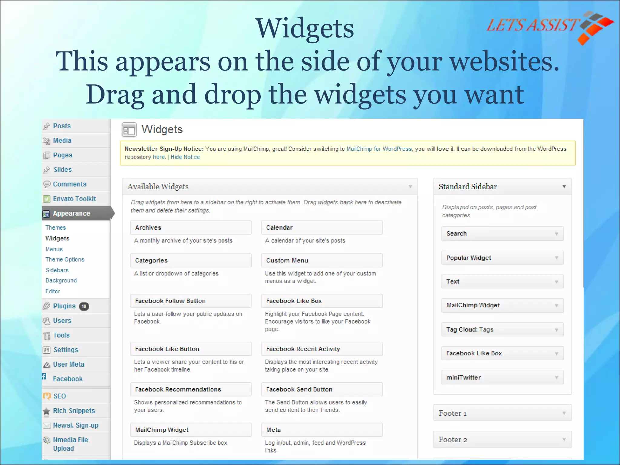 Widgets
This appears on the side of your websites.
Drag and drop the widgets you want