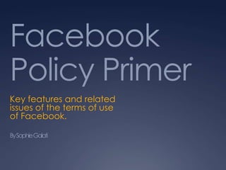 Facebook
Policy Primer
Key features and related
issues of the terms of use
of Facebook.
BySophie Galati

 