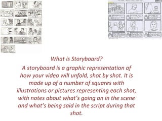 What is Storyboard?
A storyboard is a graphic representation of
how your video will unfold, shot by shot. It is
made up of a number of squares with
illustrations or pictures representing each shot,
with notes about what’s going on in the scene
and what’s being said in the script during that
shot.

 