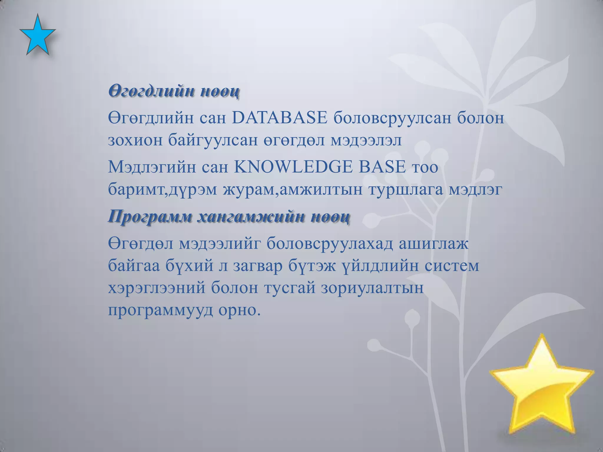 Өгөгдлийн нөөц
Өгөгдлийн сан DATABASE боловсруулсан болон
зохион байгуулсан өгөгдөл мэдээлэл
Мэдлэгийн сан KNOWLEDGE BASE тоо
баримт,дүрэм журам,амжилтын туршлага мэдлэг
Программ хангамжийн нөөц
Өгөгдөл мэдээлийг боловсруулахад ашиглаж
байгаа бүхий л загвар бүтэж үйлдлийн систем
хэрэглээний болон тусгай зориулалтын
программууд орно.

 