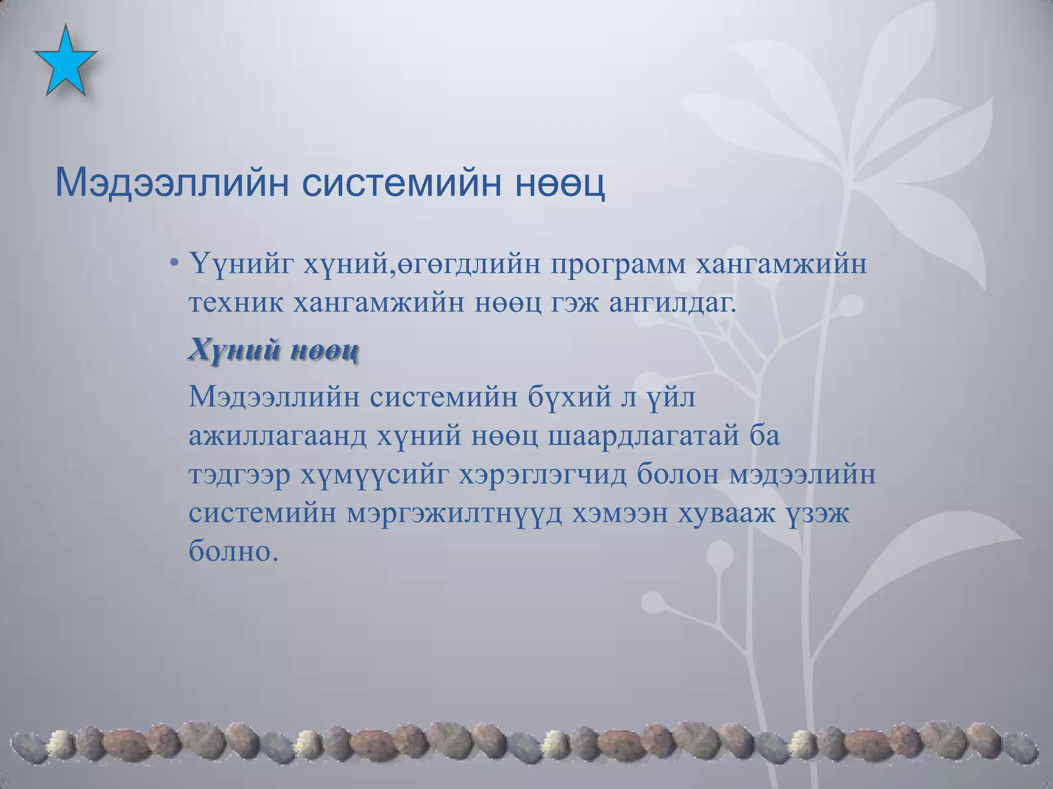 Мэдээллийн системийн нөөц
• Үүнийг хүний,өгөгдлийн программ хангамжийн
техник хангамжийн нөөц гэж ангилдаг.
Хүний нөөц
Мэдээллийн системийн бүхий л үйл
ажиллагаанд хүний нөөц шаардлагатай ба
тэдгээр хүмүүсийг хэрэглэгчид болон мэдээлийн
системийн мэргэжилтнүүд хэмээн хувааж үзэж
болно.

 