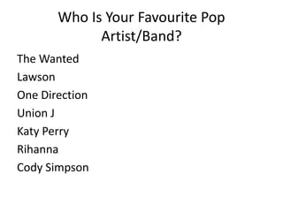 Who Is Your Favourite Pop
Artist/Band?
The Wanted
Lawson
One Direction
Union J
Katy Perry
Rihanna
Cody Simpson

 