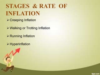 STAGES & RATE OF
INFLATION
 Creeping Inflation
 Walking or Trotting Inflation
 Running Inflation
 Hyperinflation

 