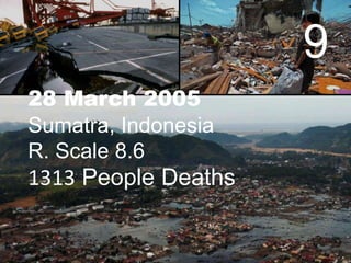 9
28 March 2005
Sumatra, Indonesia
R. Scale 8.6

1313 People Deaths

 