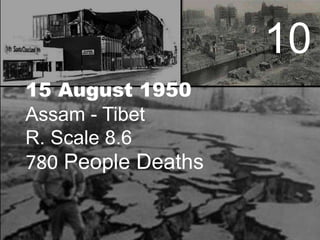 10
15 August 1950
Assam - Tibet
R. Scale 8.6

780 People Deaths

 