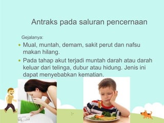 Antraks pada saluran pencernaan
Gejalanya:

 Mual, muntah, demam, sakit perut dan nafsu

makan hilang.
 Pada tahap akut terjadi muntah darah atau darah
keluar dari telinga, dubur atau hidung. Jenis ini
dapat menyebabkan kematian.

 