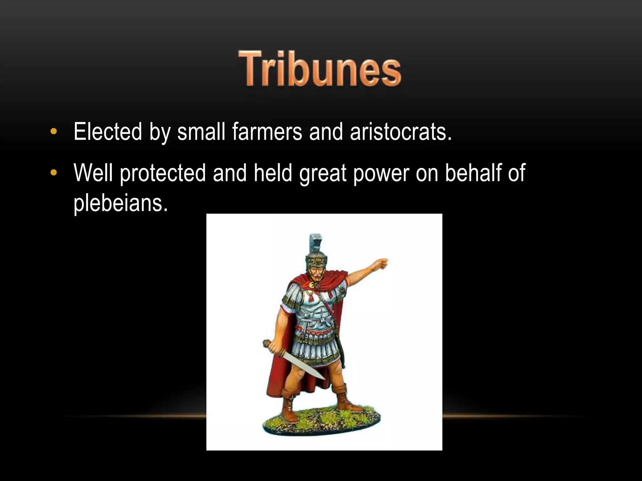• Elected by small farmers and aristocrats.

• Well protected and held great power on behalf of
plebeians.

 