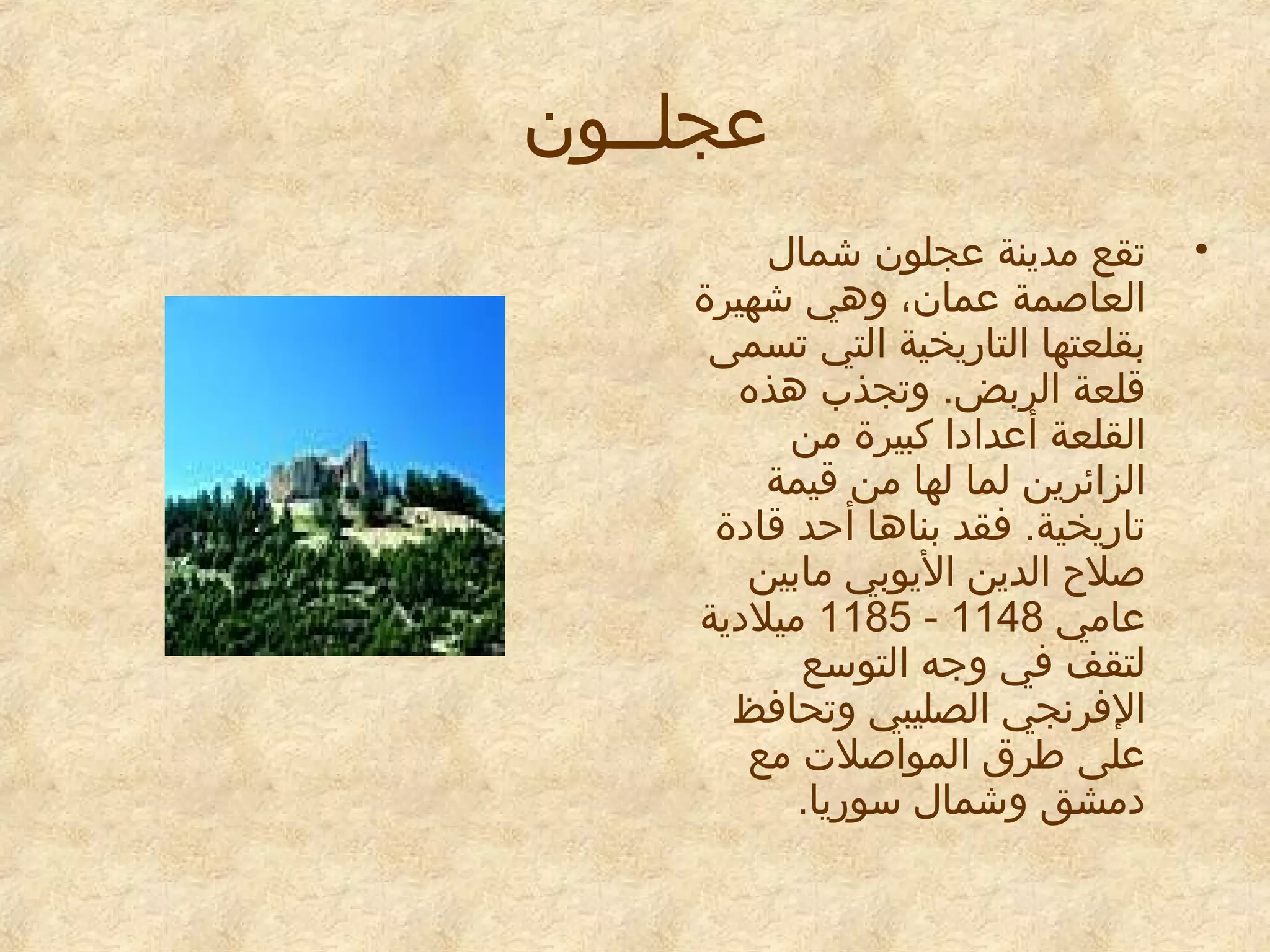 ‫معجلــون‬
‫•‬

‫تقع مدينة معجلون شمال‬
‫العاصمة معمان، وهي شهيرة‬
‫بقلعتها التاريخية التي تسمى‬
‫قلعة الربض. وتجذب هذه‬
‫القلعة أمعدايدا كبيرة من‬
‫الزائرين لما لها من قيمة‬
‫تاريخية. فقد بناها أحد قايدة‬
‫صلح الدين اليوبي مابين‬
‫معامي 8411 - 5811 ميليدية‬
‫لتقف في وجه التوسع‬
‫الفرنجي الصليبي وتحافظ‬
‫معلى طرق المواصلت مع‬
‫يدمشق وشمال سوريا.‬

 