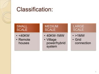 Classification:
SMALL
SCALE

MEDIUM
SCALE

LARGE
SCALE

• <40KW
• Remote
houses

• 40KW-1MW
• Village
power/hybrid
system

• >1MW
• Grid
connection

5

 