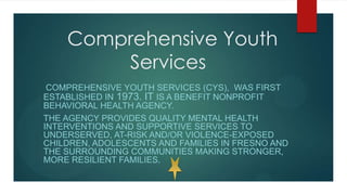 Comprehensive Youth
Services
COMPREHENSIVE YOUTH SERVICES (CYS), WAS FIRST
ESTABLISHED IN 1973. IT IS A BENEFIT NONPROFIT
BEHAVIORAL HEALTH AGENCY.
THE AGENCY PROVIDES QUALITY MENTAL HEALTH
INTERVENTIONS AND SUPPORTIVE SERVICES TO
UNDERSERVED, AT-RISK AND/OR VIOLENCE-EXPOSED
CHILDREN, ADOLESCENTS AND FAMILIES IN FRESNO AND
THE SURROUNDING COMMUNITIES MAKING STRONGER,
MORE RESILIENT FAMILIES.

 