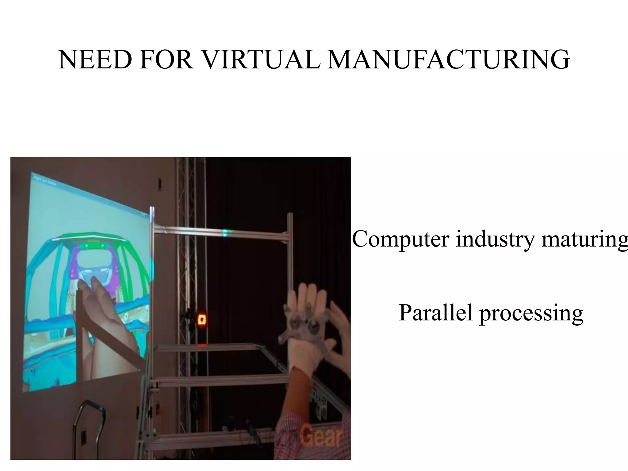 NEED FOR VIRTUAL MANUFACTURING

Computer industry maturing
Parallel processing

 