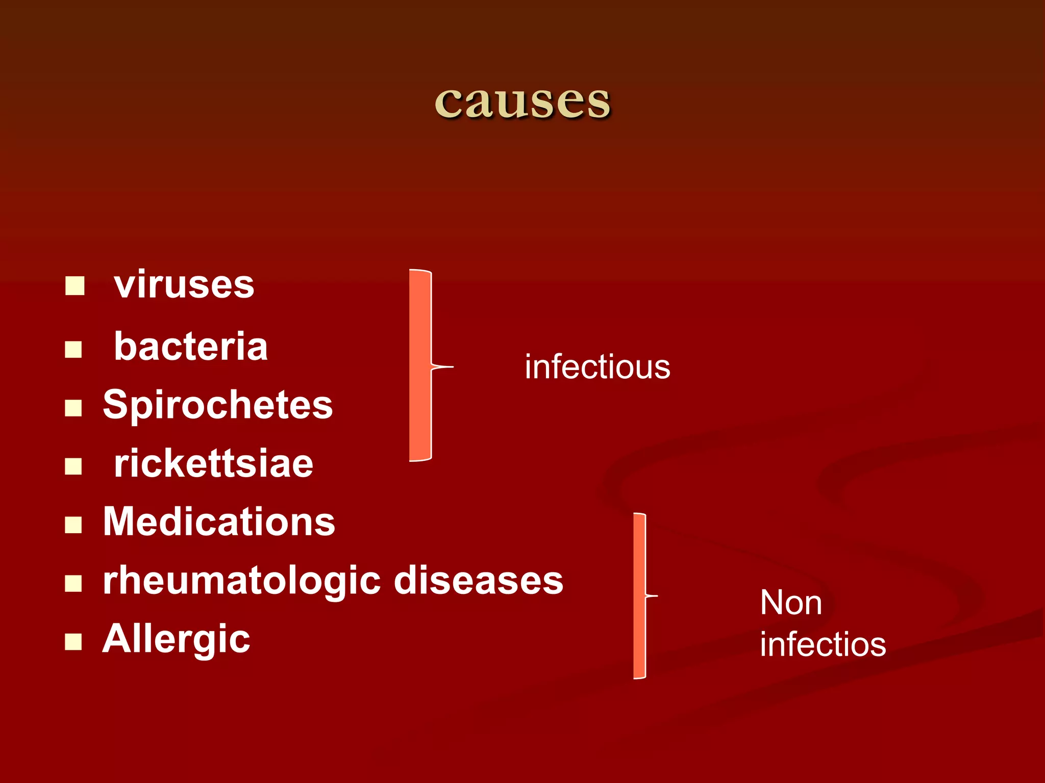 causes










viruses
bacteria
infectious
Spirochetes
rickettsiae
Medications
rheumatologic diseases
Allergic

Non
infectios

 