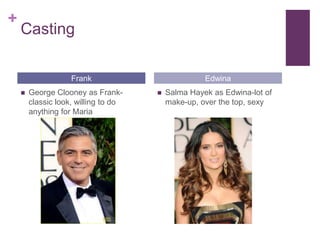 +

Casting
Frank


George Clooney as Frankclassic look, willing to do
anything for Maria

Edwina


Salma Hayek as Edwina-lot of
make-up, over the top, sexy

 