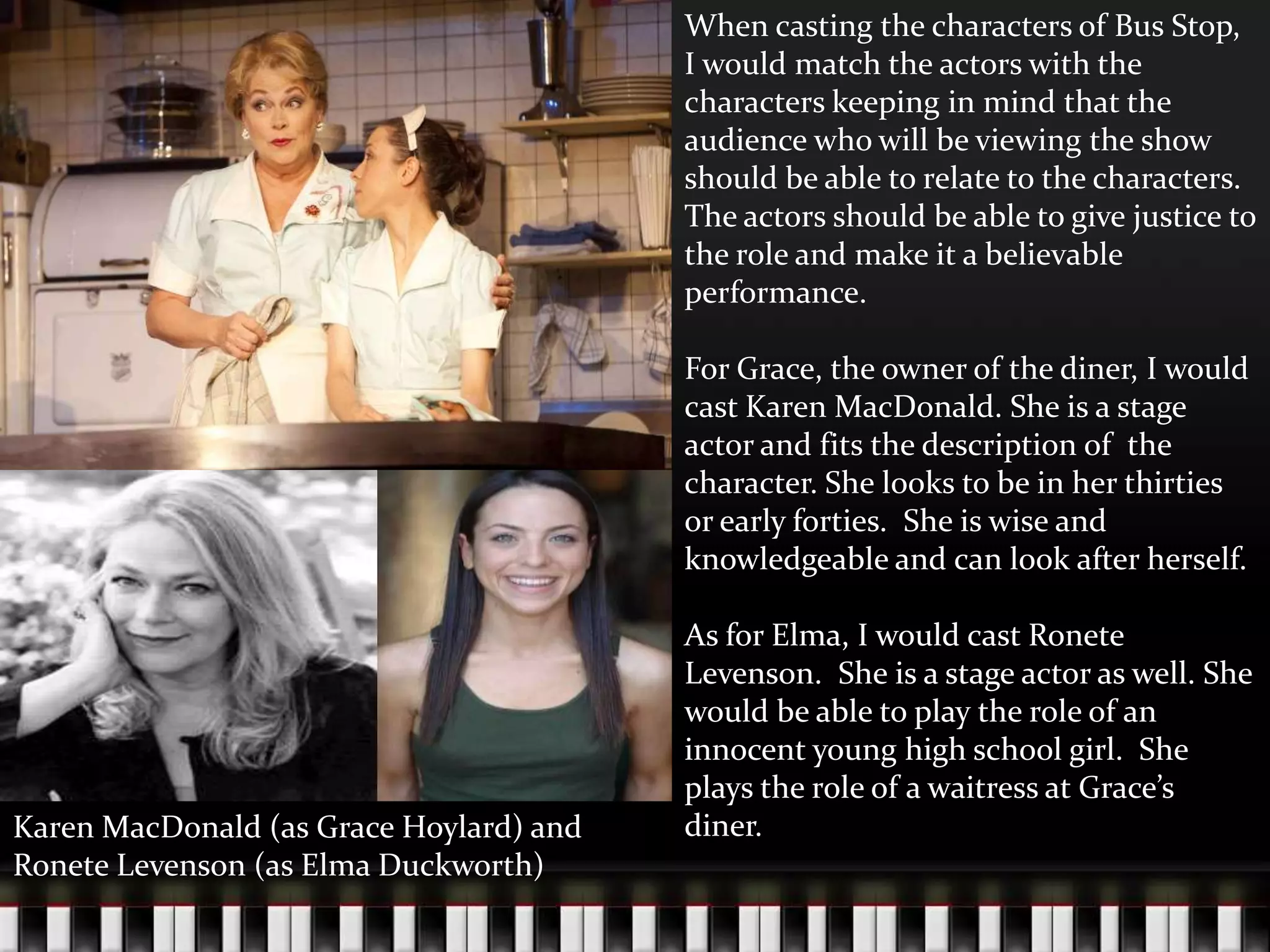 When casting the characters of Bus Stop,
I would match the actors with the
characters keeping in mind that the
audience who will be viewing the show
should be able to relate to the characters.
The actors should be able to give justice to
the role and make it a believable
performance.
For Grace, the owner of the diner, I would
cast Karen MacDonald. She is a stage
actor and fits the description of the
character. She looks to be in her thirties
or early forties. She is wise and
knowledgeable and can look after herself.

Karen MacDonald (as Grace Hoylard) and
Ronete Levenson (as Elma Duckworth)

As for Elma, I would cast Ronete
Levenson. She is a stage actor as well. She
would be able to play the role of an
innocent young high school girl. She
plays the role of a waitress at Grace’s
diner.

 