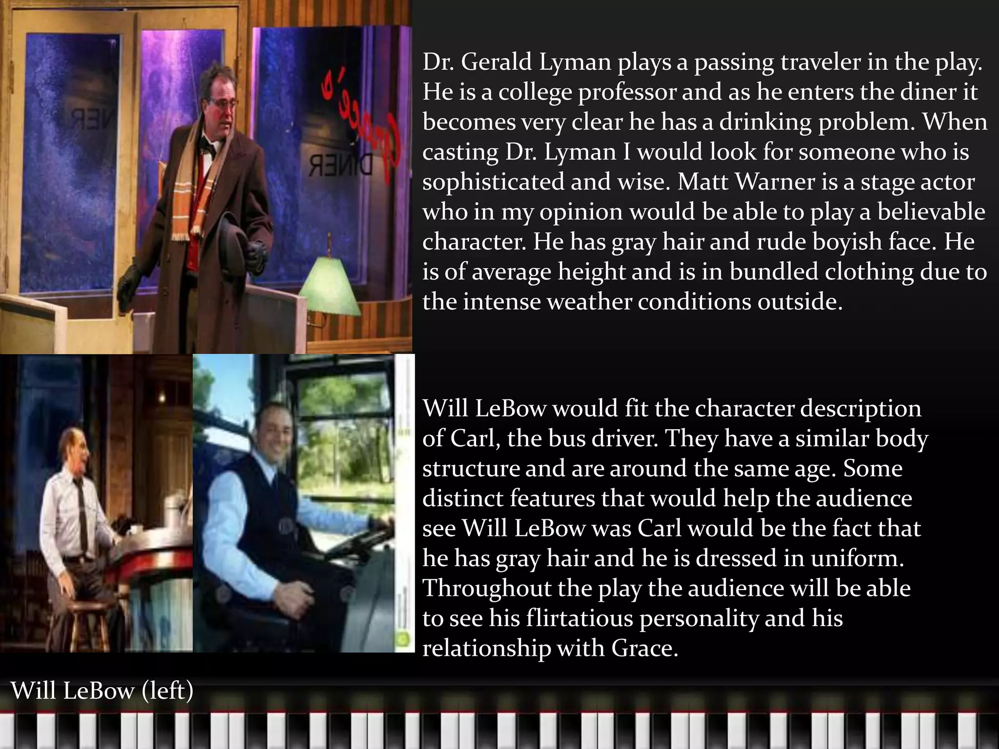 Dr. Gerald Lyman plays a passing traveler in the play.
He is a college professor and as he enters the diner it
becomes very clear he has a drinking problem. When
casting Dr. Lyman I would look for someone who is
sophisticated and wise. Matt Warner is a stage actor
who in my opinion would be able to play a believable
character. He has gray hair and rude boyish face. He
is of average height and is in bundled clothing due to
the intense weather conditions outside.

Will LeBow would fit the character description
of Carl, the bus driver. They have a similar body
structure and are around the same age. Some
distinct features that would help the audience
see Will LeBow was Carl would be the fact that
he has gray hair and he is dressed in uniform.
Throughout the play the audience will be able
to see his flirtatious personality and his
relationship with Grace.
Will LeBow (left)

 