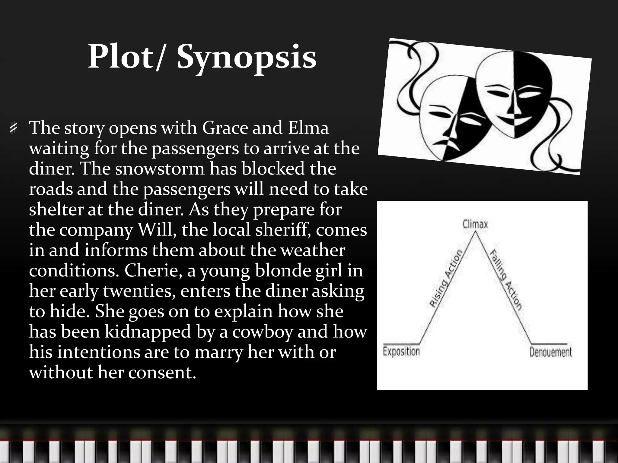 Plot/ Synopsis
The story opens with Grace and Elma
waiting for the passengers to arrive at the
diner. The snowstorm has blocked the
roads and the passengers will need to take
shelter at the diner. As they prepare for
the company Will, the local sheriff, comes
in and informs them about the weather
conditions. Cherie, a young blonde girl in
her early twenties, enters the diner asking
to hide. She goes on to explain how she
has been kidnapped by a cowboy and how
his intentions are to marry her with or
without her consent.

 