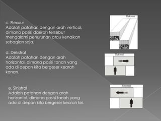 c. Flexuur
Adalah patahan dengan arah vertical,
dimana posisi daerah tersebut
mengalami penurunan atau kenaikan
sebagian saja.

d. Dekstral
Adalah patahan dengan arah
horizontal, dimana posisi tanah yang
ada di depan kita bergeser kearah
kanan.

e. Sinistral
Adalah patahan dengan arah
horizontal, dimana posisi tanah yang
ada di depan kita bergeser kearah kiri.

 