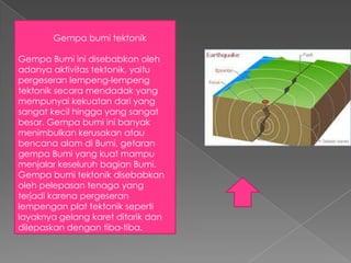 Gempa bumi tektonik
Gempa Bumi ini disebabkan oleh
adanya aktivitas tektonik, yaitu
pergeseran lempeng-lempeng
tektonik secara mendadak yang
mempunyai kekuatan dari yang
sangat kecil hingga yang sangat
besar. Gempa bumi ini banyak
menimbulkan kerusakan atau
bencana alam di Bumi, getaran
gempa Bumi yang kuat mampu
menjalar keseluruh bagian Bumi.
Gempa bumi tektonik disebabkan
oleh pelepasan tenaga yang
terjadi karena pergeseran
lempengan plat tektonik seperti
layaknya gelang karet ditarik dan
dilepaskan dengan tiba-tiba.

 