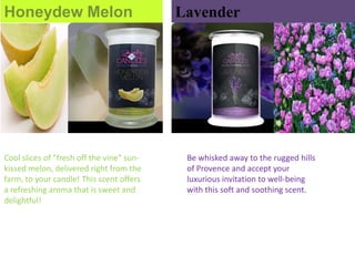 Honeydew Melon

Cool slices of "fresh off the vine" sunkissed melon, delivered right from the
farm, to your candle! This scent offers
a refreshing aroma that is sweet and
delightful!

Lavender

Be whisked away to the rugged hills
of Provence and accept your
luxurious invitation to well-being
with this soft and soothing scent.

 