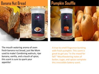 Banana Nut Bread

The mouth watering aroma of oven
fresh banana nut bread, just like Mom
used to make! Combining walnuts, ripe
banana, vanilla, and a touch of spice;
this scent is sure to spark your
appetite!

Pumpkin Souffle

A true to smell fragrance bursting
with fresh pumpkin. This scent is
great to get you "in the mood for
fall!" Mouthwatering notes of
butter, sugar, and spices complete
this irresistible bakery scent.

 