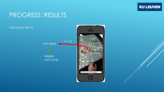 PROGRESS: RESULTS
SUS-score: 84,16

not clear

- bigger
- red circle

n=3

 