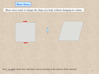Shear Stress
Shear stress tends to change the shape of a body without changing its volume

Note: we apply shear force and shear stresses develop in the interior of the material
11/24/2013

10

 