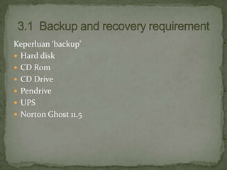 Keperluan ‘backup’
 Hard disk
 CD Rom
 CD Drive
 Pendrive
 UPS
 Norton Ghost 11.5

 