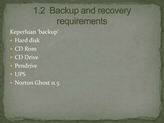 Keperluan ‘backup’
 Hard disk
 CD Rom
 CD Drive
 Pendrive
 UPS
 Norton Ghost 11.5

 