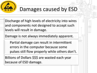 Damages caused by ESD
Discharge of high levels of electricity into wires
and components not designed to accept such
levels will result in damage.
Damage is not always immediately apparent.
Partial damage can result in intermittent
errors in the computer because some
pulses still flow properly while others don’t.
Billions of Dollars $$$ are wasted each year
because of ESD damage.

 