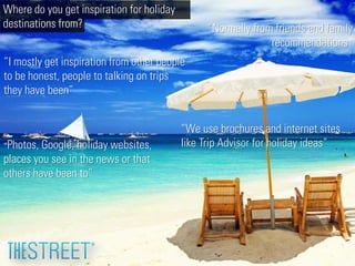 Where do you get inspiration for holiday
destinations from?

“Normally from friends and family
recommendations”

“I mostly get inspiration from other people
to be honest, people to talking on trips
they have been”

“Photos, Google, holiday websites,

places you see in the news or that
others have been to”

“We use brochures and internet sites
like Trip Advisor for holiday ideas”

 