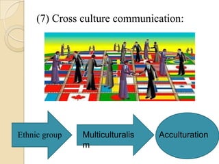 (7) Cross culture communication:
Ethnic group
Multiculturalis
m
Acculturation