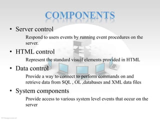 • Server control
Respond to users events by running event procedures on the
server.

• HTML control
Represent the standard visual elements provided in HTML

• Data control
Provide a way to connect to perform commands on and
retrieve data from SQL , OL ,databases and XML data files

• System components
Provide access to various system level events that occur on the
server

 