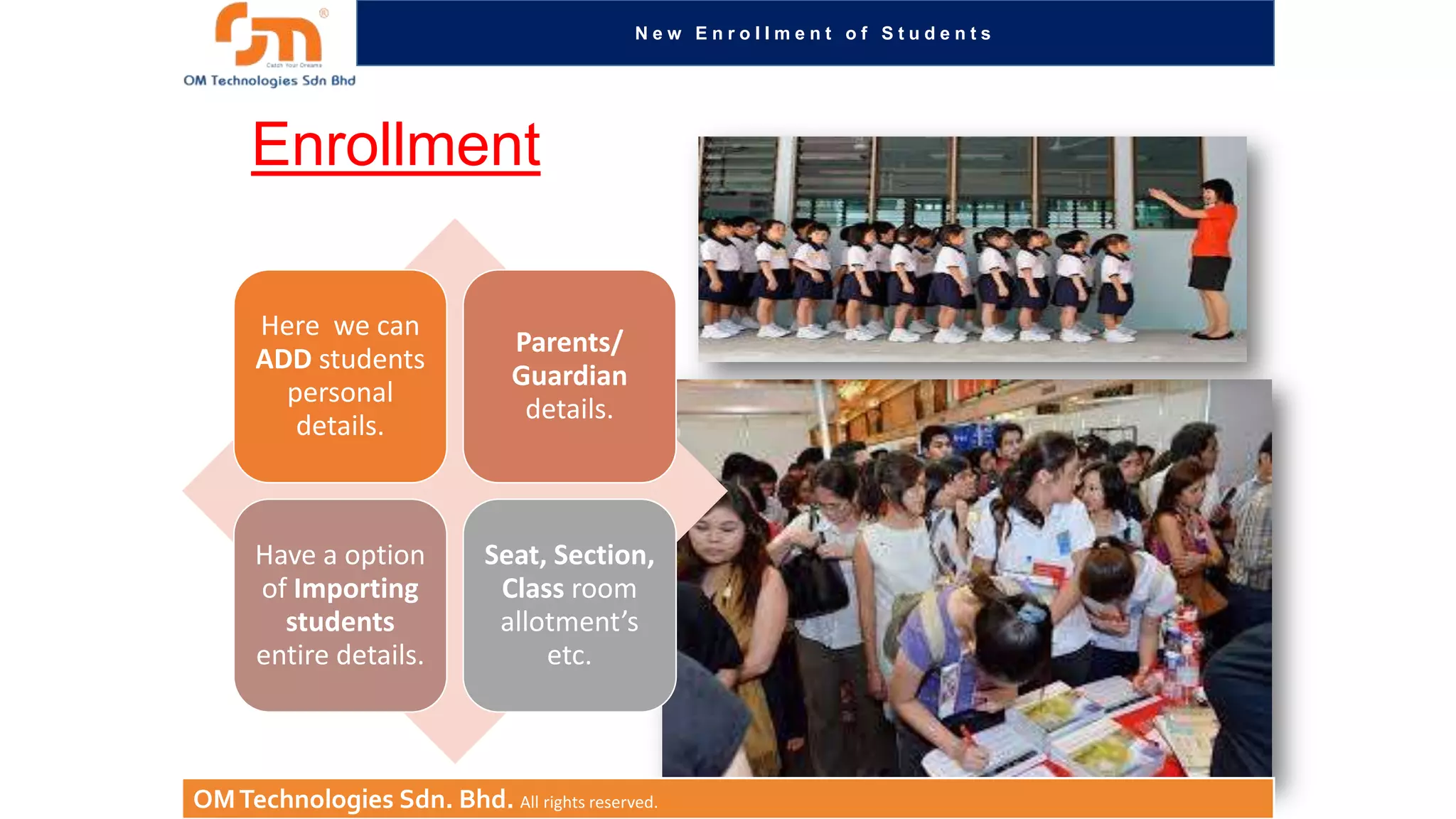 New Enrollment of Students

Enrollment
Here we can
ADD students
personal
details.

Parents/
Guardian
details.

Have a option
of Importing
students
entire details.

Seat, Section,
Class room
allotment’s
etc.

OM Technologies Sdn. Bhd. All rights reserved.

 